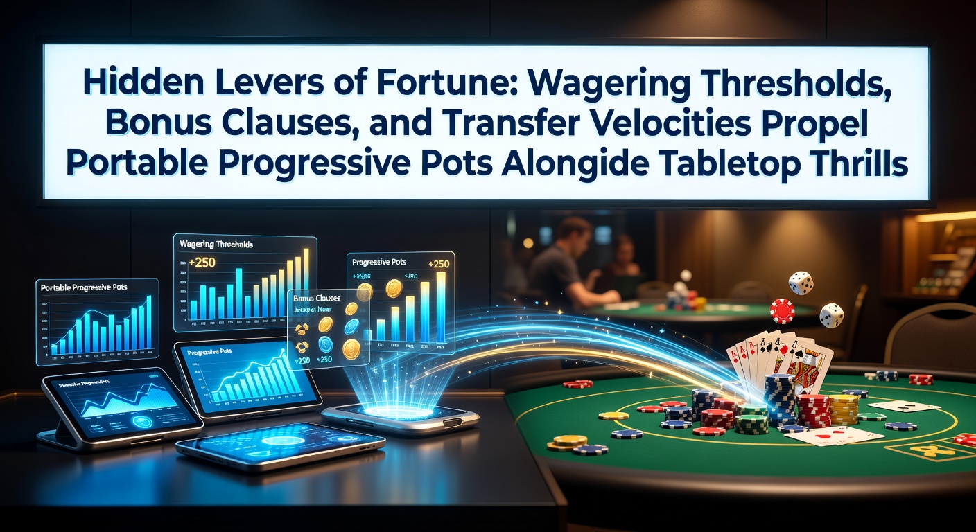 Illustration of a mobile device displaying a progressive jackpot slot alongside a live dealer blackjack table, with glowing wagering meters and swift transaction icons highlighting thresholds, clauses, and velocities.