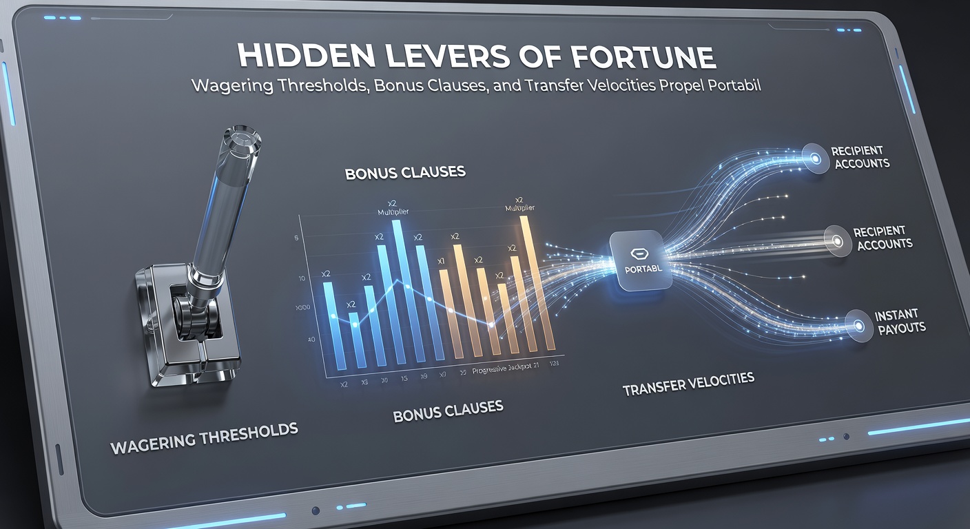 Dynamic graphic showing fast-transfer arrows linking a player's bank to mobile slots and live dealer interfaces, with bonus clause icons and wagering bars pulsing to grow a central progressive jackpot pot.