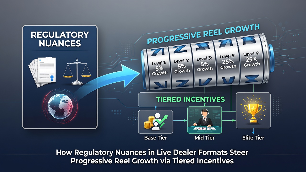 Portable device screen showing tiered rewards dashboard linked to live dealer and progressive reels