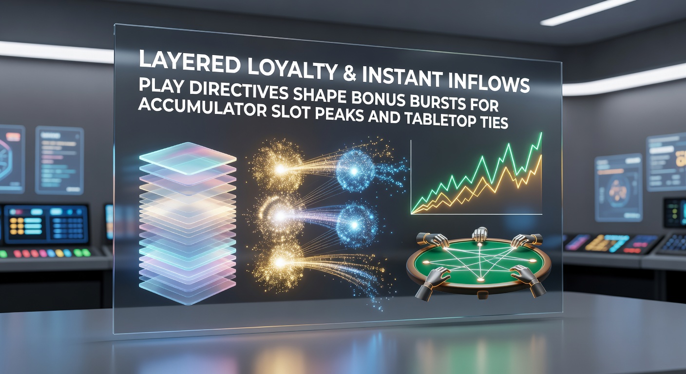Digital illustration of layered loyalty tiers glowing with bonus icons, accumulator slot reels peaking alongside live dealer tables connected by instant payment streams