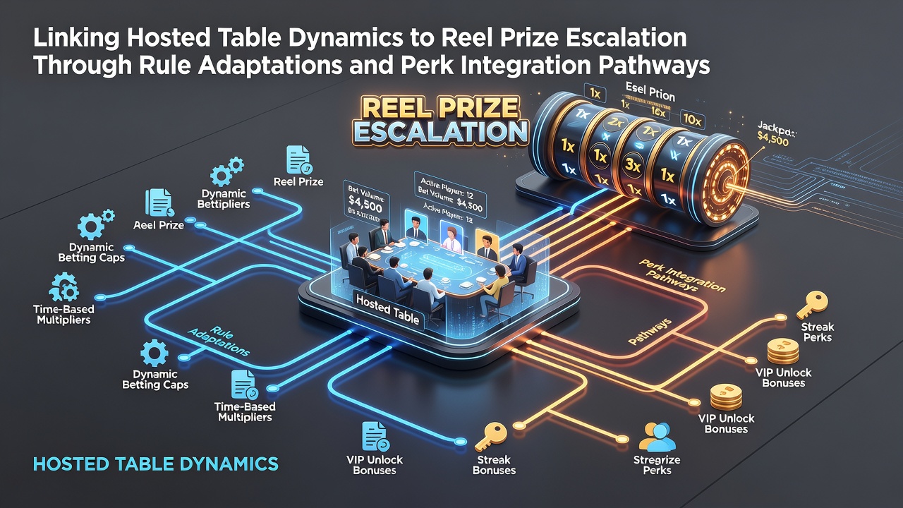 Illustration of hosted table games connecting to progressive slot reels via adapted rules and integrated perks in online platforms