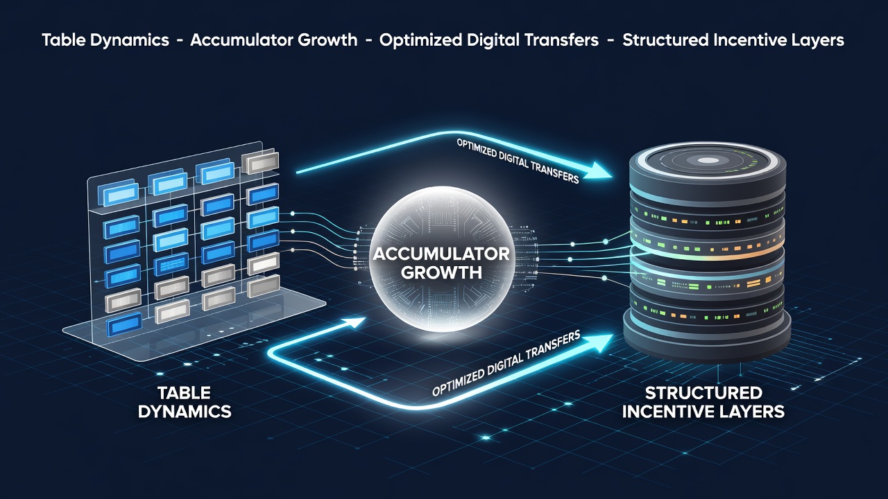 Digital interface showing table game layouts intersecting with accumulator meters and payment flow diagrams