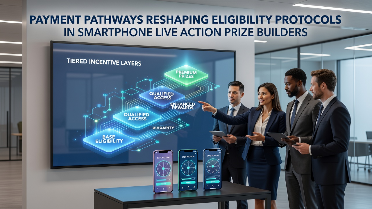 Smartphone screen displaying live action prize builder interface with payment gateway integration and tiered incentive indicators