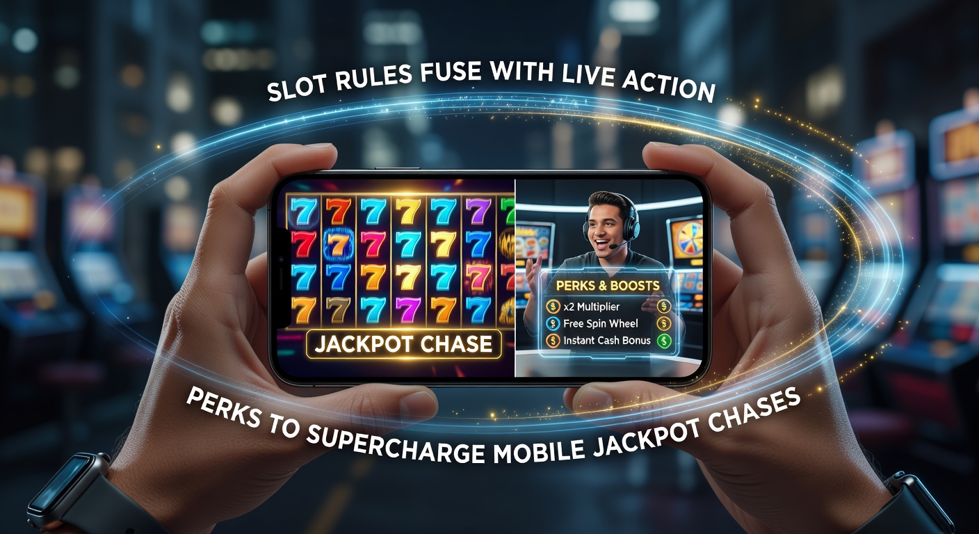 Mobile screen showing slot reels merging with live dealer table, jackpot meter rising alongside payout icons