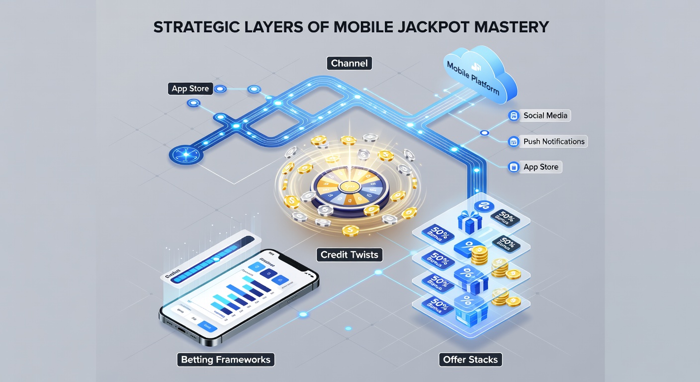 Close-up of app interface showing stacked offers, credit options, and channel selectors amid rising status bars and jackpot ties between slots and tables