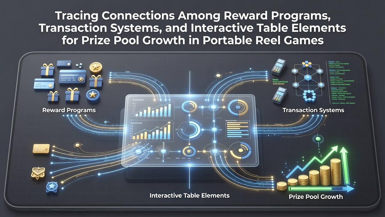 Diagram showing reward programs linking with transaction systems and interactive tables to grow prize pools in mobile reel games