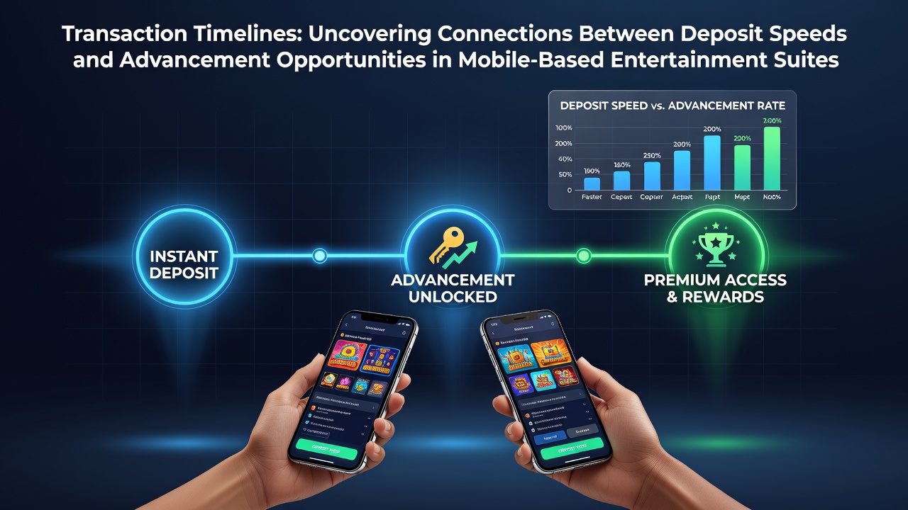 Mobile entertainment suite interface showing deposit processing timelines and user advancement metrics on a smartphone screen